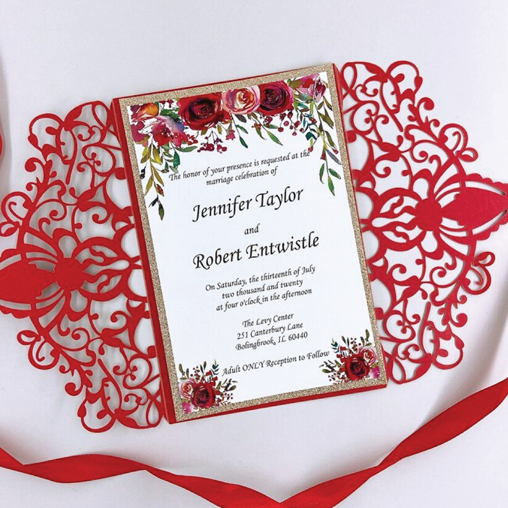 Red and Gold Trim with Ribbon Laser Cut Invitation – Invitations by ...