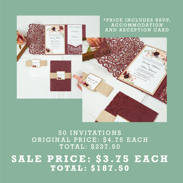 50 Invitations - Burgundy and Gold Tri Fold Laser Cut Pocket Invitations