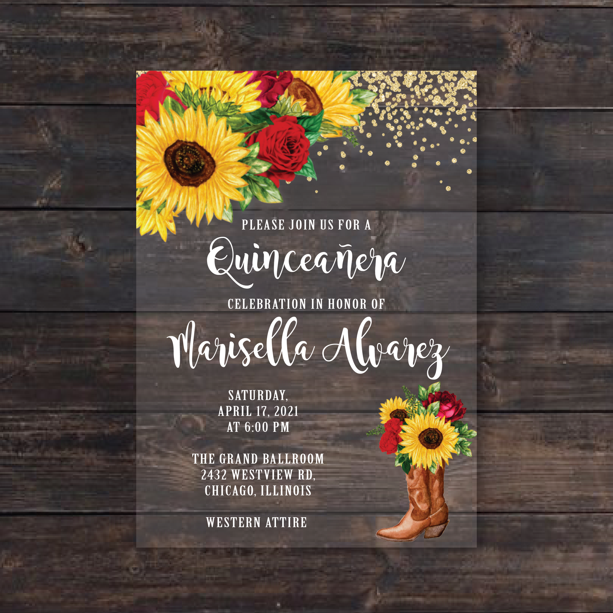 Sunflower & Red Roses Acrylic Quinceanera Invitation