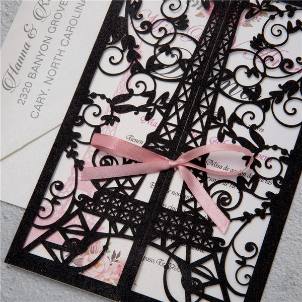 62 Invitations - Black Glitter Eiffel Tower Laser Cut Invitations with Pink Ribbon