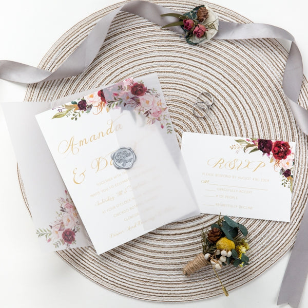 Burgundy and Blush Floral Vellum Wrap Pocket Invitations
