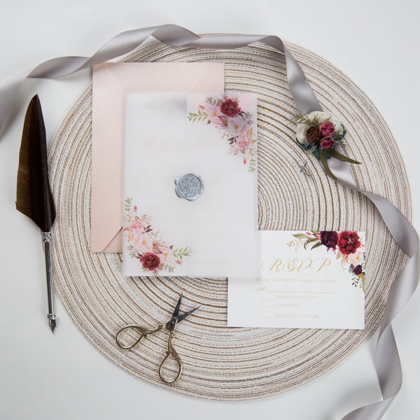 Burgundy and Blush Floral Vellum Wrap Pocket Invitations