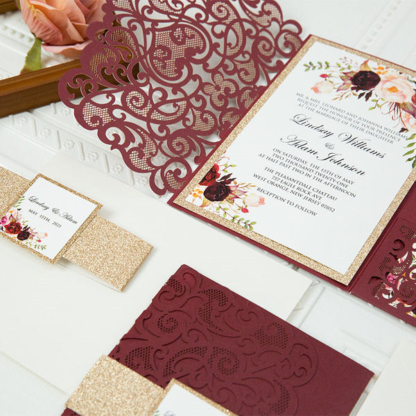 50 Invitations - Burgundy and Gold Tri Fold Laser Cut Pocket Invitations