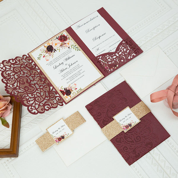 50 Invitations - Burgundy and Gold Tri Fold Laser Cut Pocket Invitations