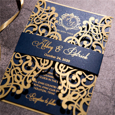 Navy Blue and Gold Luxury Laser Cut Wedding Invitations