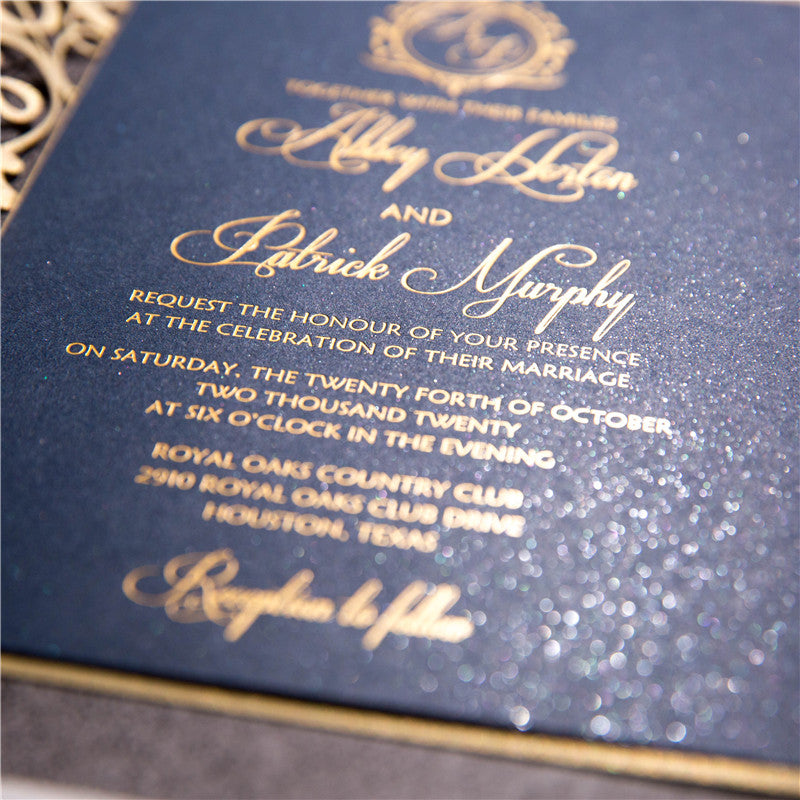 Navy Blue and Gold Luxury Laser Cut Wedding Invitations Invitations