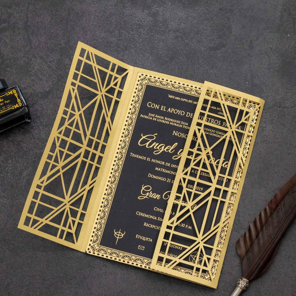 Gold and Black Gatsby Art Deco Luxurious Inspired Laser Cut Invitations
