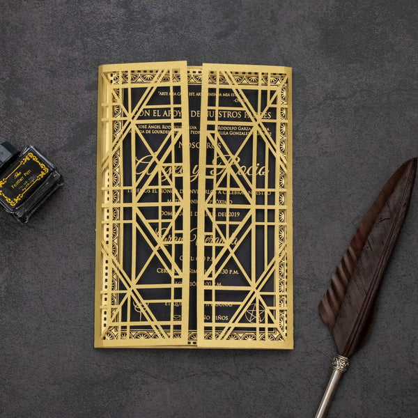 Gold and Black Gatsby Art Deco Luxurious Inspired Laser Cut Invitations