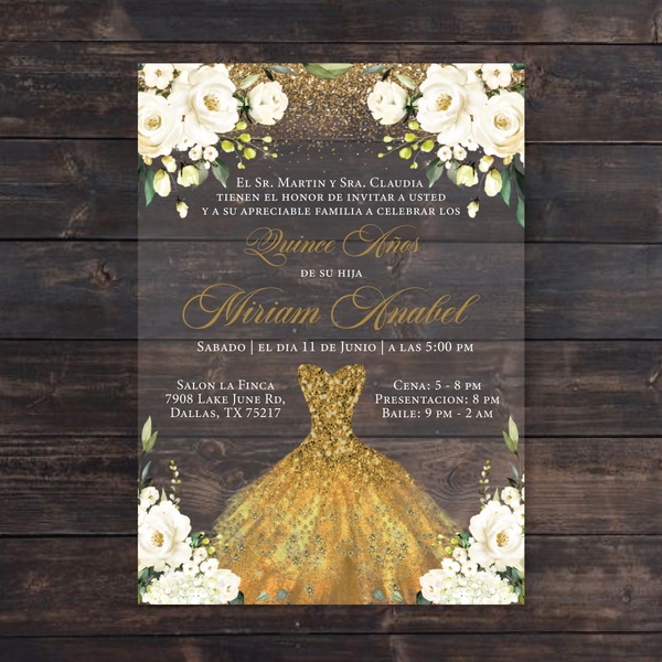 White Floral and Gold Dress Acrylic Invitation