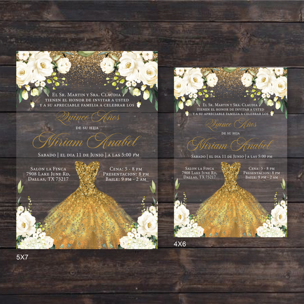 White Floral and Gold Dress Acrylic Invitation
