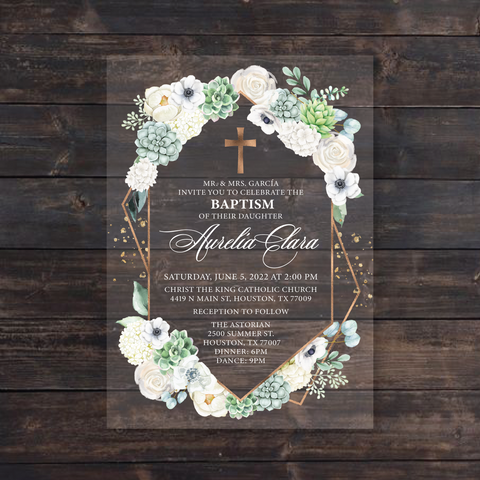 White Floral and Greenery Succulents Baptism Acrylic Invitation