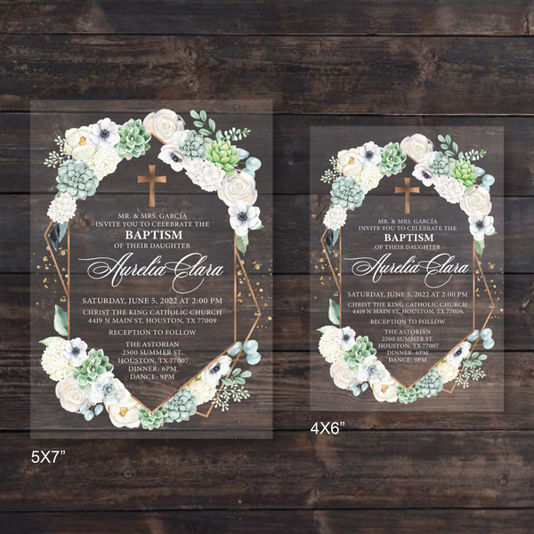 White Floral and Greenery Succulents Baptism Acrylic Invitation