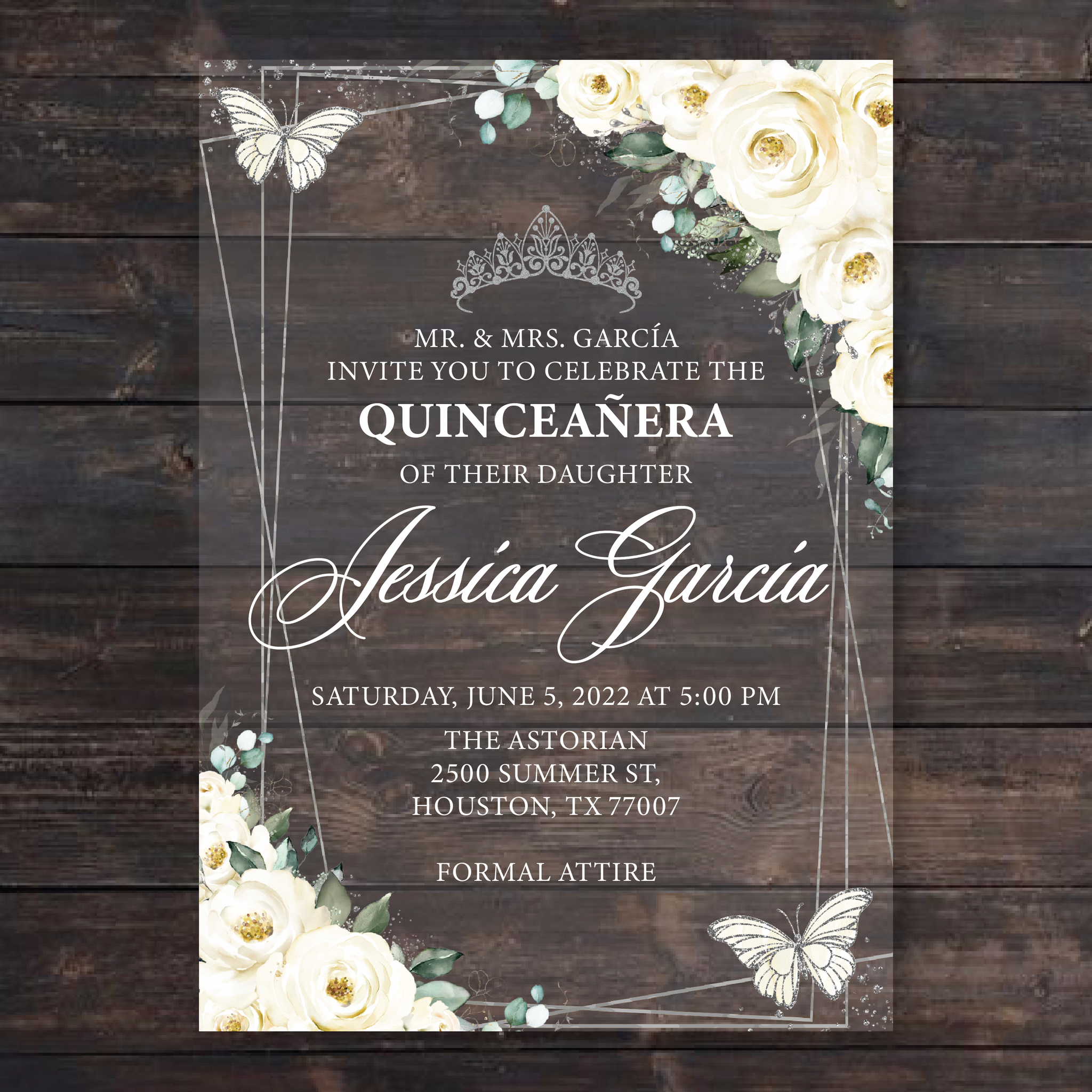 White Ivory Floral Butterflies and Silver Geometric Acrylic Invitation