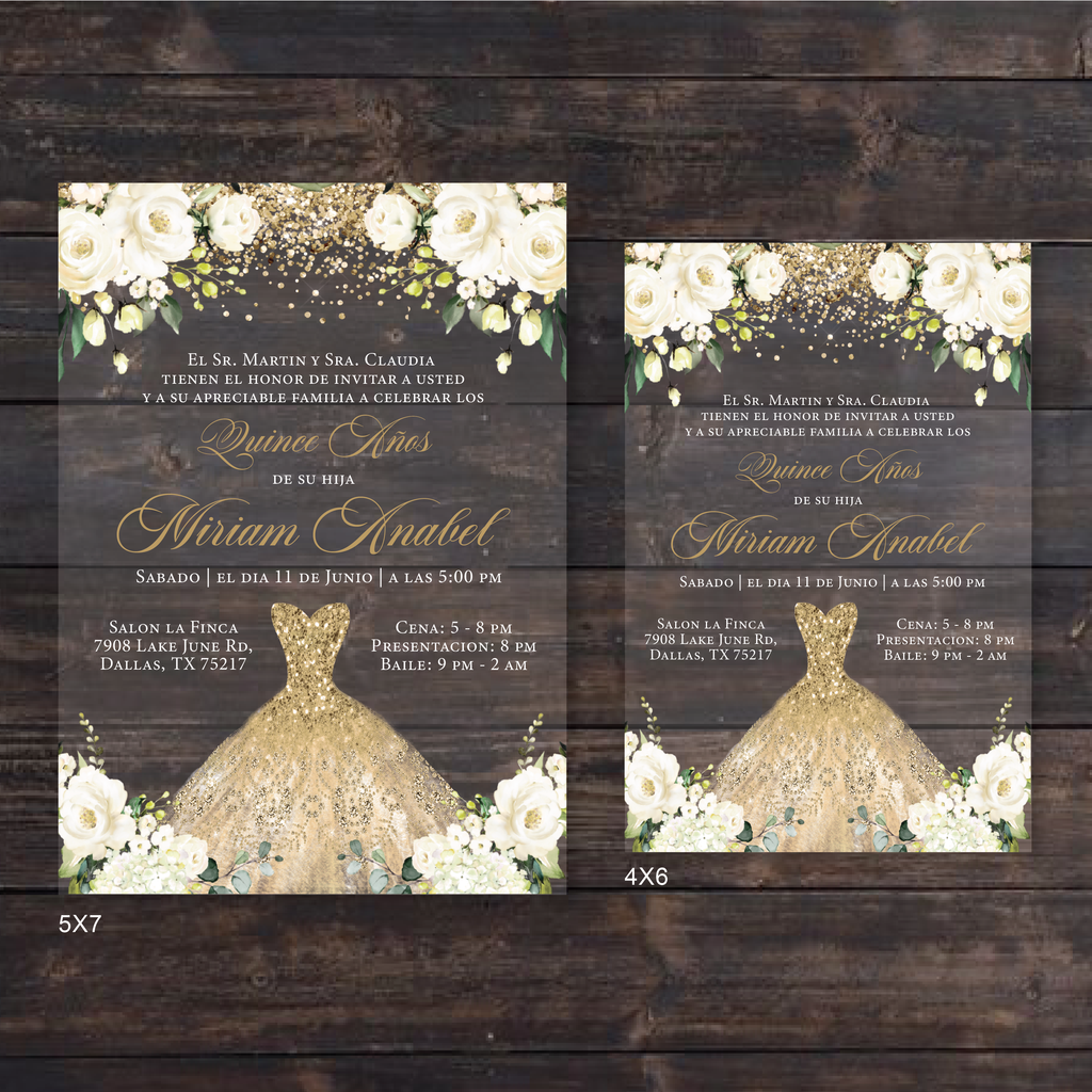 White Ivory Floral & Champagne Gold Quinceanera Dress Acrylic Invitati Invitations by Luis Sanchez White Ivory Floral & Champagne Gold Quinceanera Dress Acrylic Invitati Invitations by Luis Sanchez