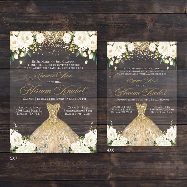 White Ivory Floral & Champagne Gold Quinceanera Dress Acrylic Invitation