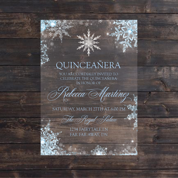 Silver & Light Blue Winter Wonderland Quinceanera Acrylic Invitation