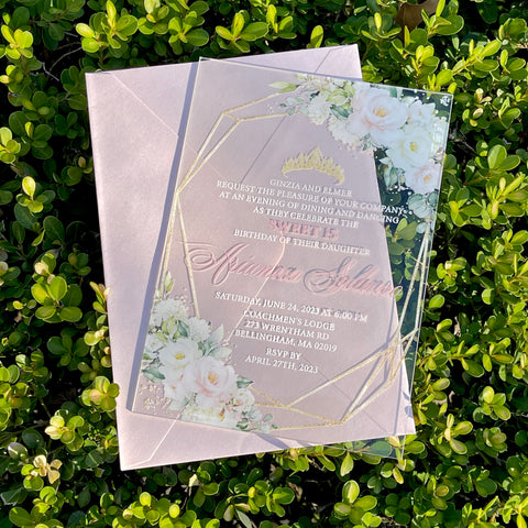 Blush Pink and Ivory Floral with Gold Acrylic Invitation