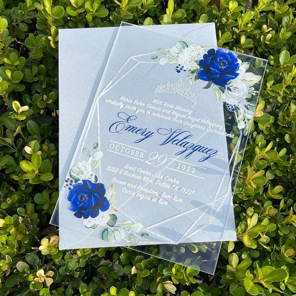 Royal Blue and Silver Floral Acrylic Invitation