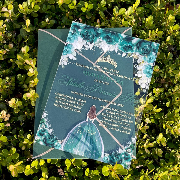 Emerald Green and Gold Quinceanera Acrylic Invitations