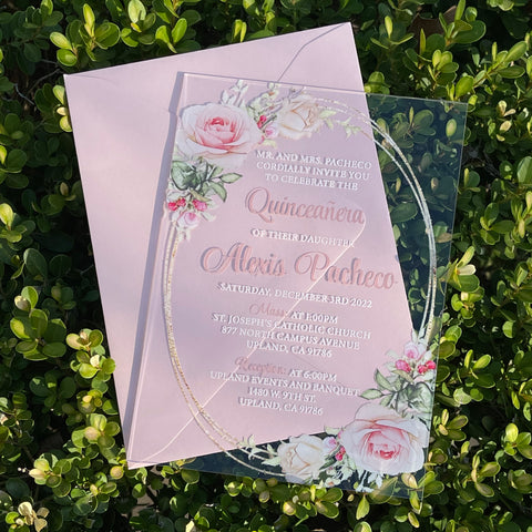 Dusty Rose Floral & Gold Quinceanera Acrylic Invitation