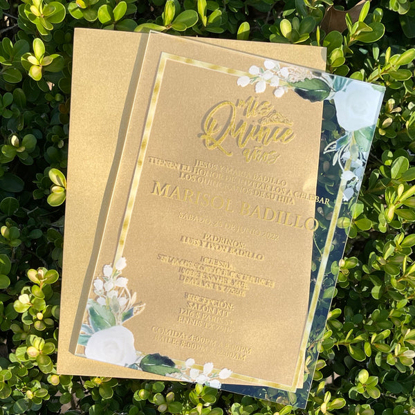Gold and White Floral Quinceanera Frame Acrylic Invitation