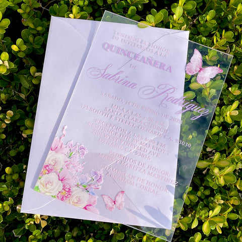 Pink and Purple Floral Butterfly Acrylic Invitation