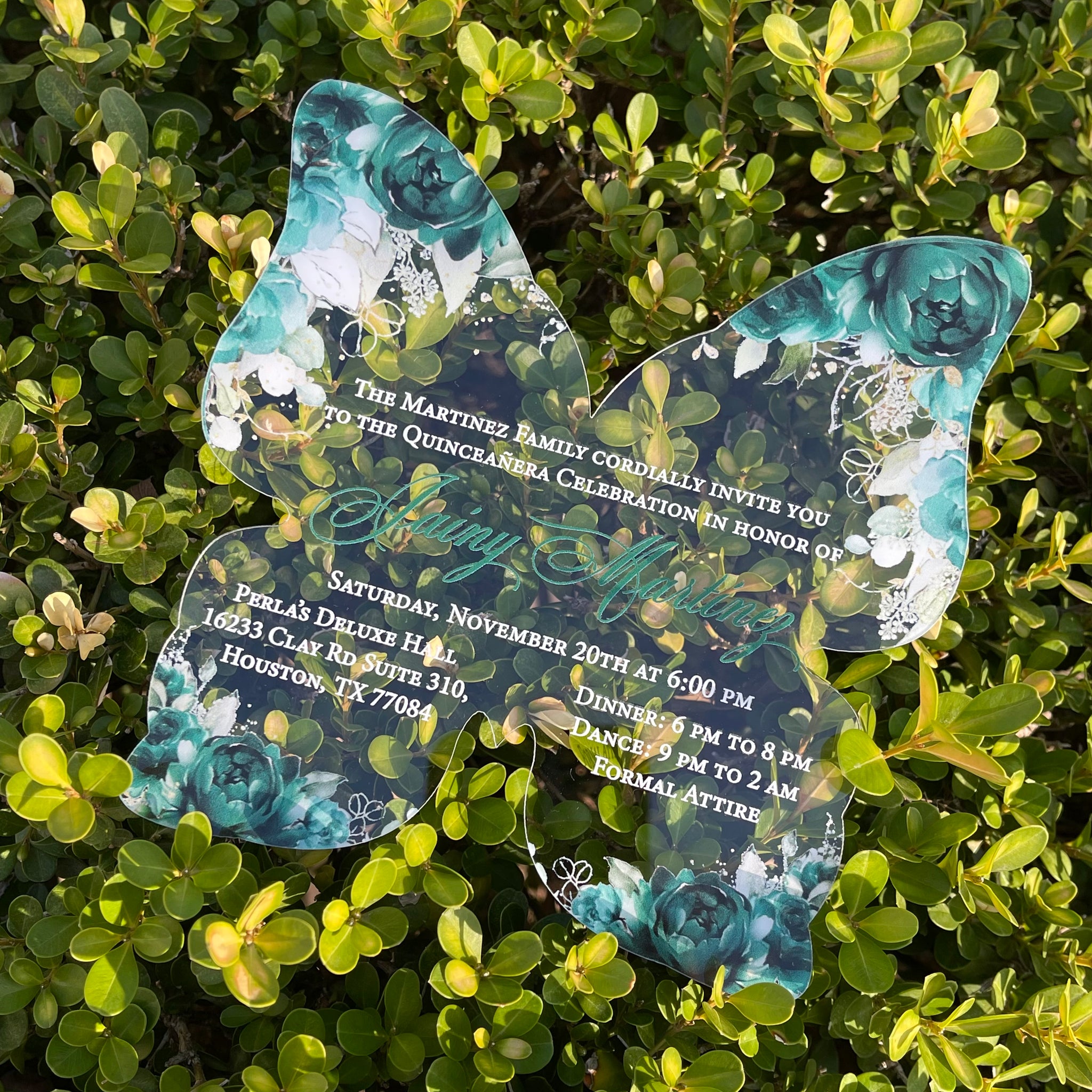 Emerald Green Floral Butterfly Shaped Acrylic Invitation