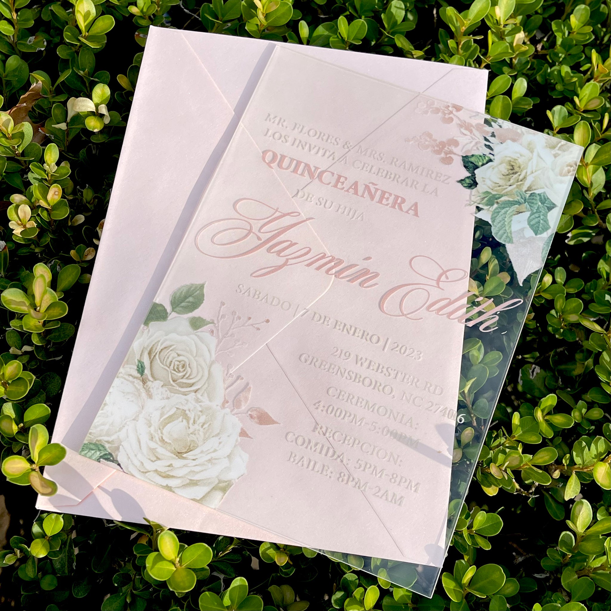 Ivory Floral and Rose Gold Acrylic Invitation – Invitations by Luis Sanchez