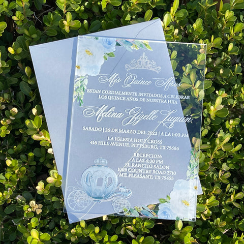 Light Blue and Silver Cinderella Themed Quinceanera Acrylic Invitation