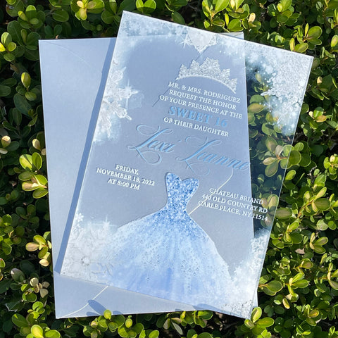 Winter Wonderland Silver Snowflake and Light Blue Dress Quinceanera Acrylic Invitation