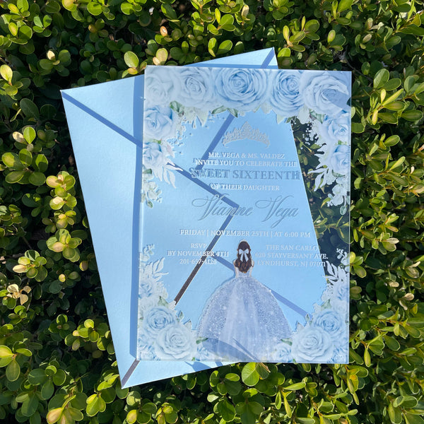 Light Blue Floral Roses Quinceanera Acrylic Invitation