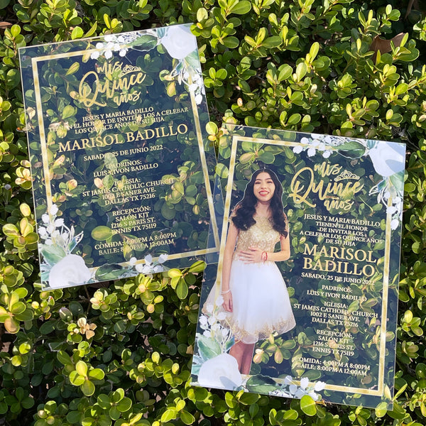 Gold and White Floral Quinceanera Frame Acrylic Invitation