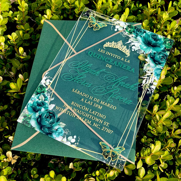 Emerald Green and Gold Frame with Butterflies Acrylic Invitations